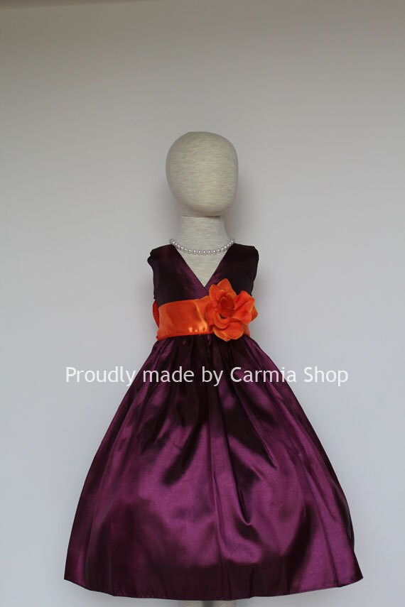 Flower Girl Dresses - PURPLE PLUM with Orange Burnt (VN) - Easter Wedding Communion Bridesmaid - Toddler Baby Infant Girl Dresses