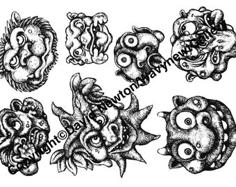 Instant PDF Download Zentangle Inspired Coloring Colouring Page Abstract Zendoodle Black White Drawing Collage Halloween Goblin Faces.