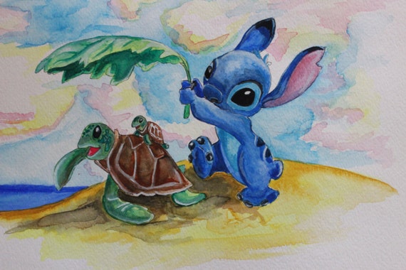 Stitch Beach Watercolor Painting by DramaticParrot on Etsy
