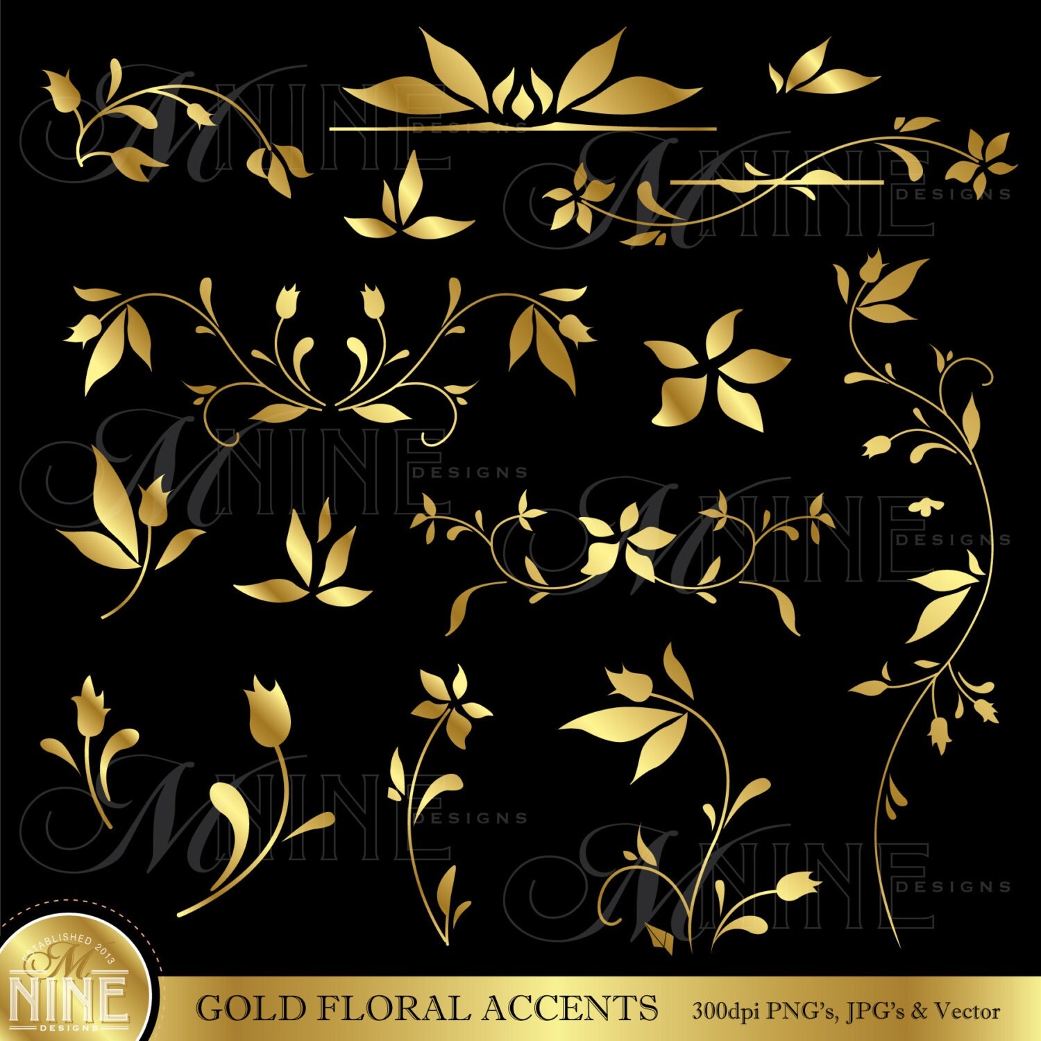 GOLD FLORAL ACCENTS Digital Clipart Design Elements Instant