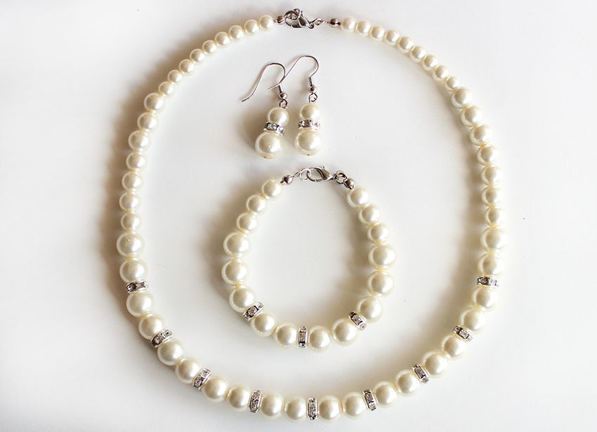 Bridesmaid Jewelry Set Pearl Necklace Bracelet Earrings 2856