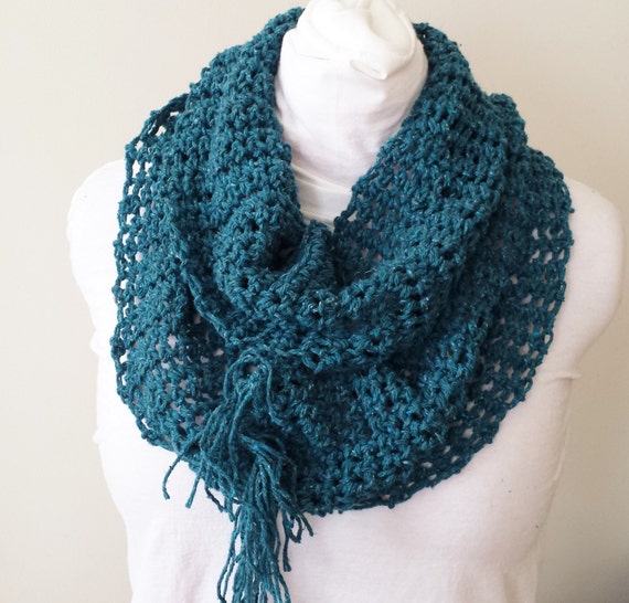 Crochet Handmade Teal Blue Cowl Infinity Scarf Loose Mesh
