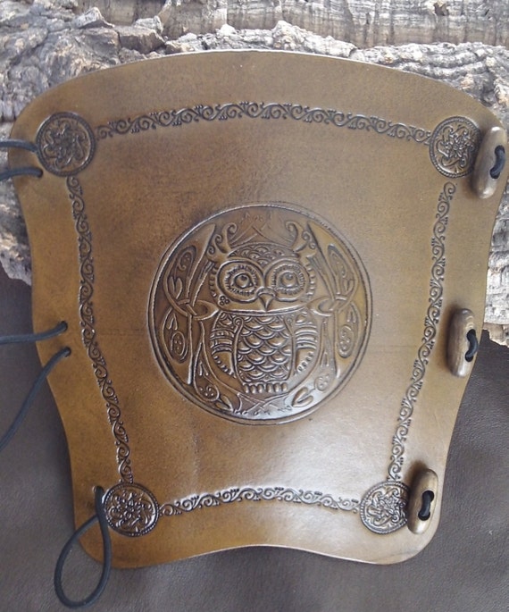 Embossed Celtic Owl leather archery arm guard bracer