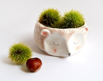 Hedgehog Bowl in White Clay Decorated with Pigments in Brown, Pink and Black. Ready To Ship