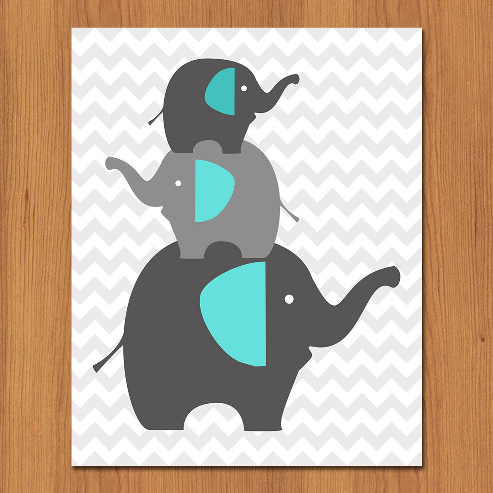Grey Elephants Nursery Wall Art Teal Grey Room Decor Gender