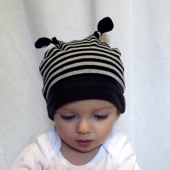 Baby jersey knit beanie hat Gray and black stripes knotted