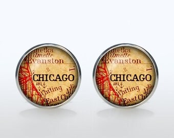 Chicago Map Cufflinks Silver plated Chicago Vintage Map Cuff links men and women Accessories Antique black brown red green