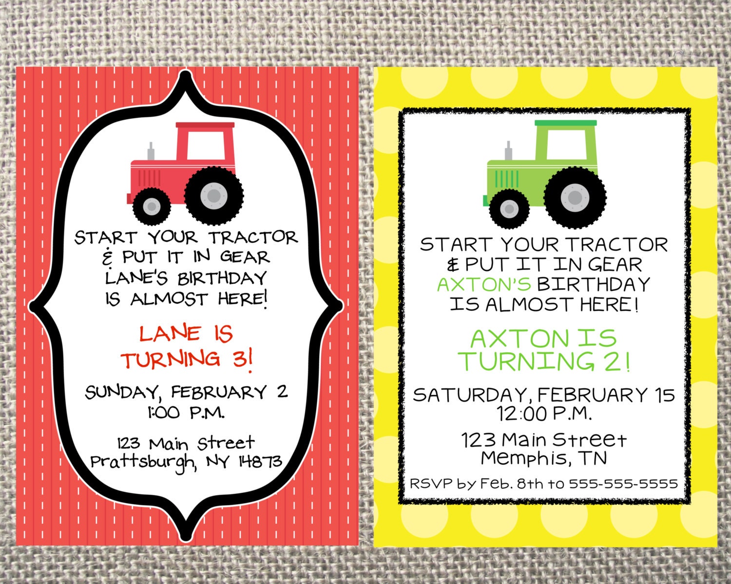 PRINTED or DIGITAL Tractor Birthday Invitations 5x7 Customized