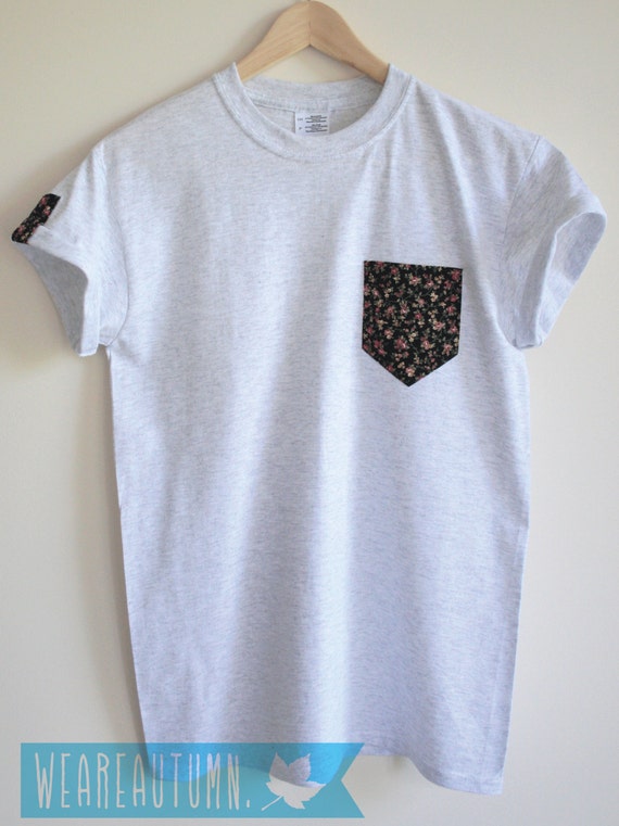 Items similar to Grey Vintage Floral Pocket T-Shirt by WEAREAUTUMN ...