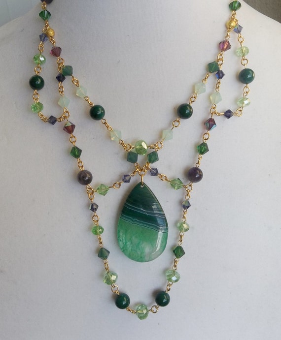 Swarovski Crystal Bib Statement Necklace with Green Druzy Agate Focal Stone