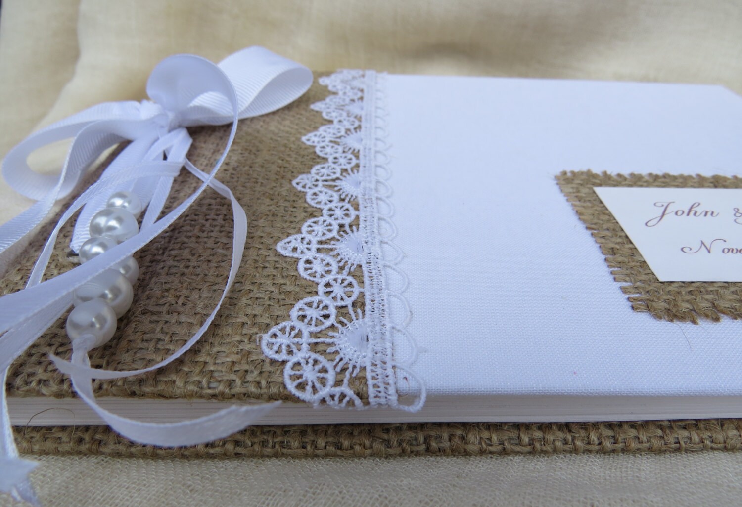 Vintage guestbook Lace burlap and linen fabric Rustic guest