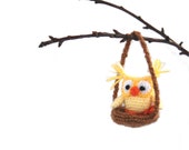 miniature crochet owl to decor your home, amigurumi little owl, stuffed owl, hanging decor tiny owl, light yellow owl in brown nest, owl toy