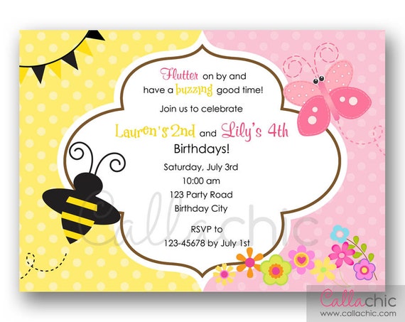 Butterfly and Bees Birthday Invitation PRINTABLE Twin