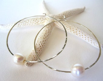 Large Sterling Silver Hoop Pearl Earrings, Freshwater Pearl Earrings, White Pearl Hoop Earrings, Black Pearl Earrings, Silver Pearl Earrings