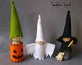Waldorf Inspired Trick or Treaters ~ Witch, Jack O Lantern, Ghost peg dolls ~ Halloween Gnomes ~ Story Telling Props ~ Black, Orange & White