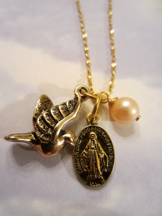 Holy Spirit Antique Gold Pendant Necklace Catholic by GemsofMary