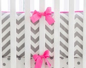 Gray Chevron with Hot Pink Trim Baby Girl Crib Bumper