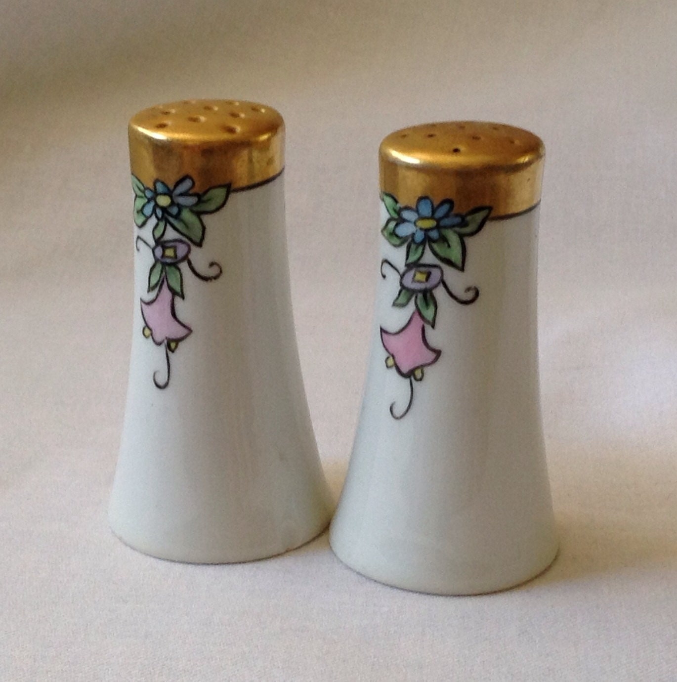 Vintage Porcelain Salt And Pepper Shakers With Gold Leaf