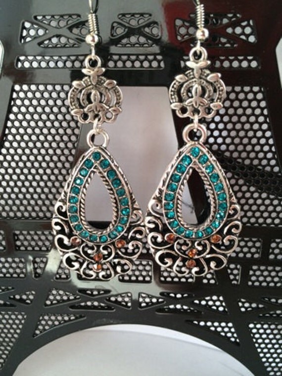 Oval earrings Teal Bronze rhinestones by Zoeysbeautyboutique