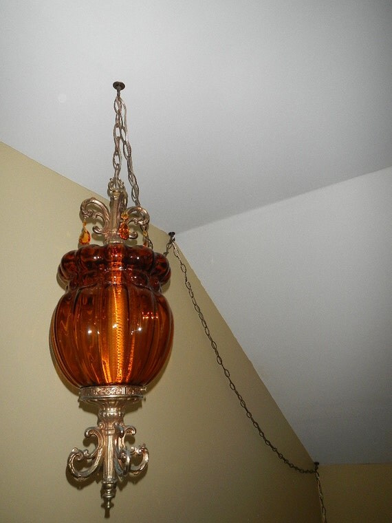 Vintage MCM Amber Orange Glass Globe Swag Lamp by NeatVintageItems