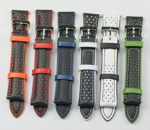 Racing contrast genuine leather perforated mens watch straps