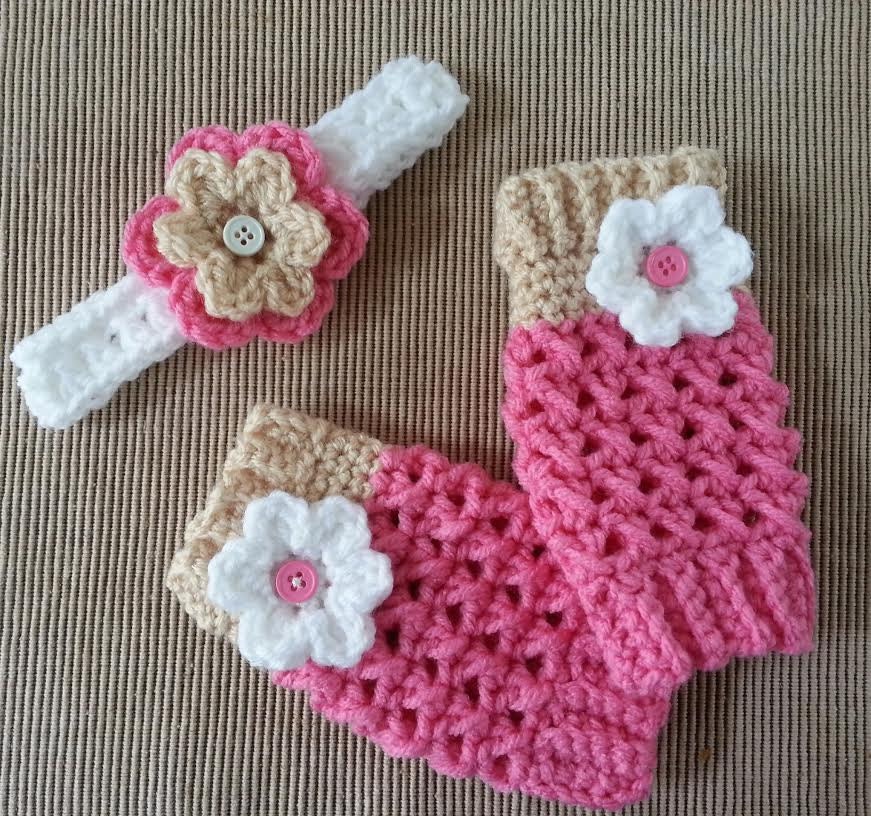 Handmade Crochet Baby Girl Leg Warmers and Headband Set