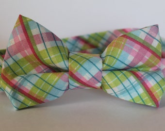 bright pink, blue, and green plaid bow tie, baby, boy, adjustable velcro closure