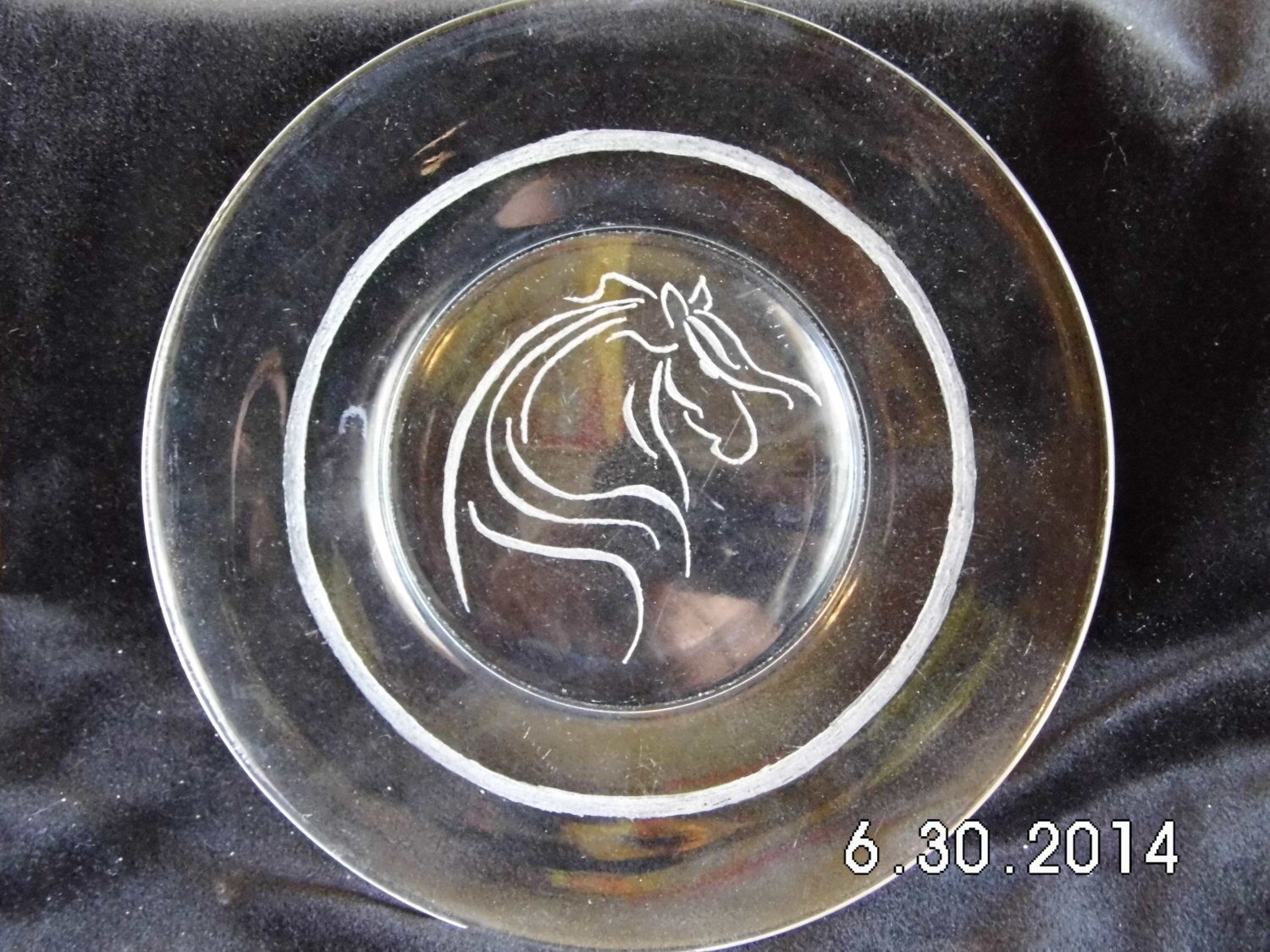 Hand Etched Glass Plate Horse by DyzkneesHandSpun on Etsy