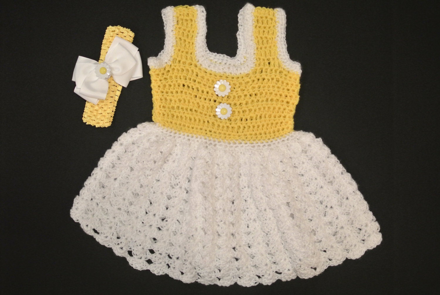 Crocheted daisy dress with matching headband