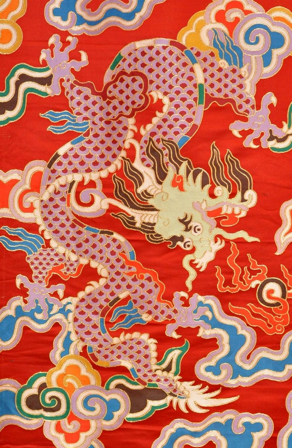 Red Thick Brocade Dragon Tibetan Textile Tibetan By Mandalacrafts