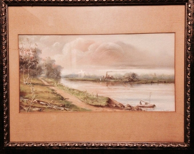 Storewide 25% Off SALE Beautiful Original 19th Century Painting of Costal Beach Scene That's Artist Signed Above This 1890 Chalk-Art Piece