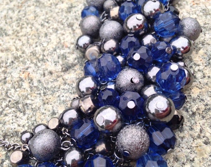 Storewide 25% Off SALE Vintage Massive Chunky Clustered Blue & Silver Toned Beaded Cocktail Necklace Perfect For Those Who Demand Statement