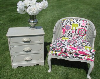 Whimsical Accent Chair-Distressed, Pink, Green, Grey, Refurbished, with Cane Sides