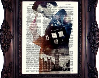 Dr Who Print on book page. Matt Smith. Poster. Tardis print. 11. doctor. Dictionary Art Print. Tardis Art print. Dictionary art. Code:535