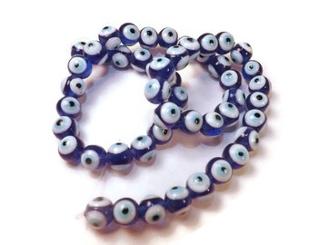 Evil Eye Beads, Dark Blue Glass Beads, 8mm Beads, Approx. 50 Bead Strand, Cobalt Blue, Craft Beads, For Protection, Amulet Type Beads
