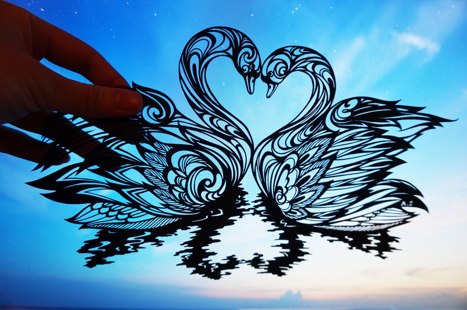 Download Original Handmade Papercut Love Swansframed in shadow box