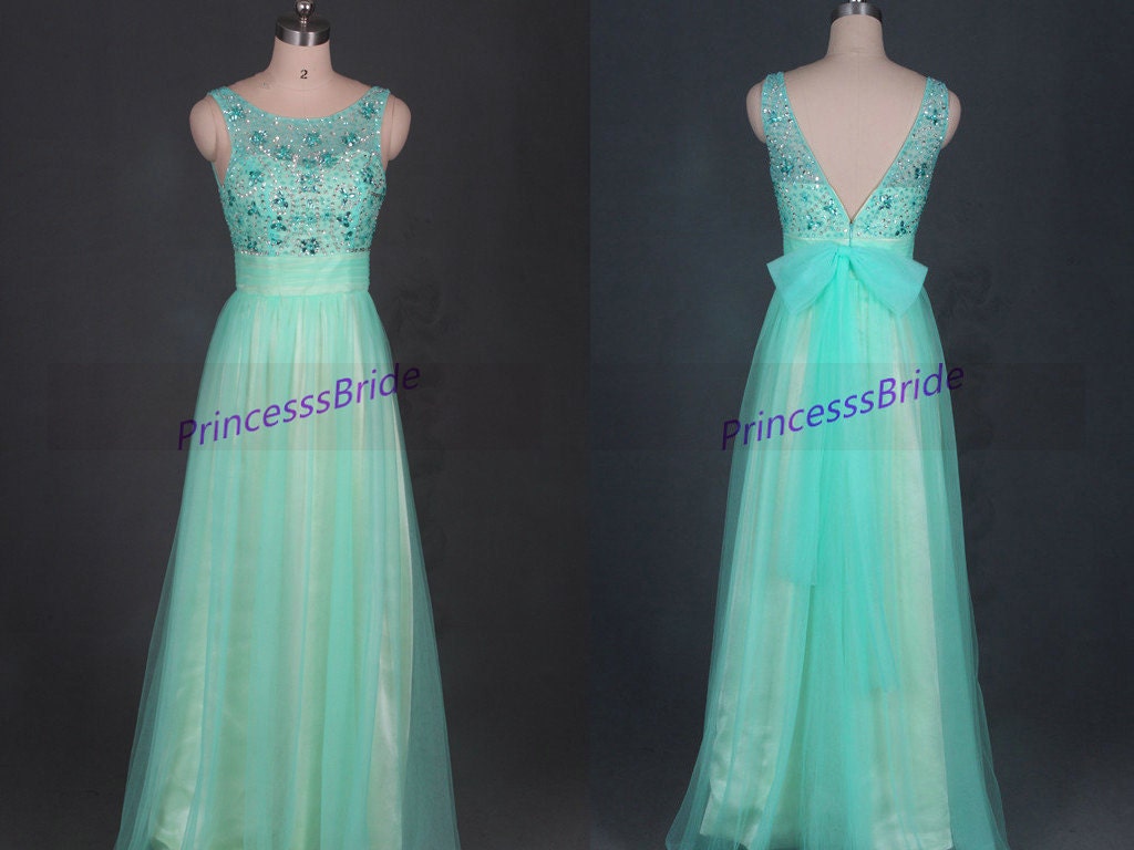 Cheap long mint tulle prom dresses with bow2015 by PrincesssBride