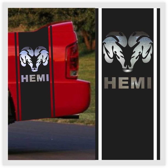 2 Dodge Ram Truck Stripes with CHROME Ram Head Hemi Bedside