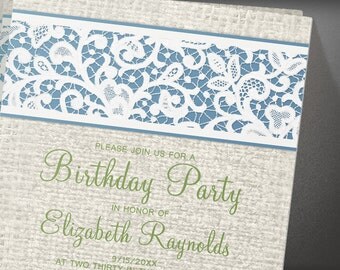 Blue Rustic Burlap Birthday Party invites