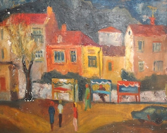 Vintage oil painting expressionist cityscape