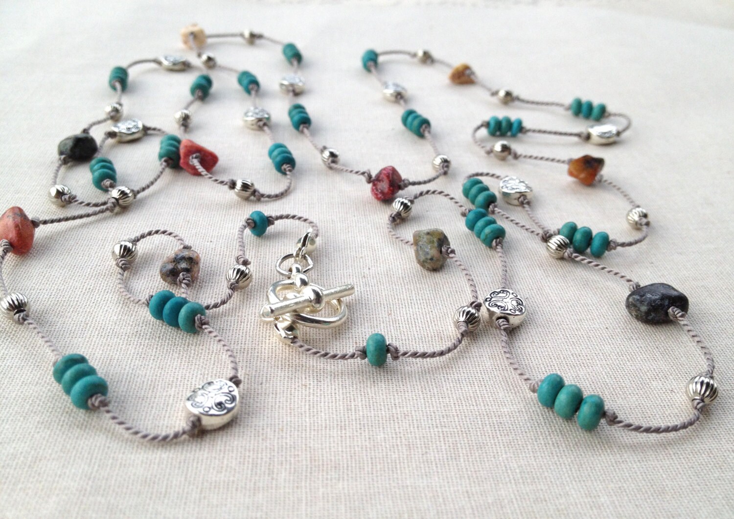 Extra Long Beaded Necklace Silk Necklace Turquoise by Strandedsilk