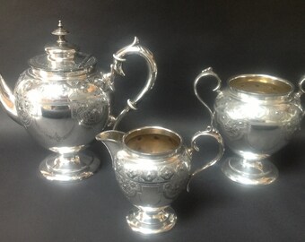 Silver Plate Teapot Milk Sugar Teaset Hinged Lid Antique Vintage 3 Piece Set Decorated Stamped 2722 F&S