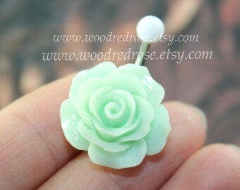 Flower Belly Button Ring ,Green Flower Belly Ring ,Flower Bellybutton Ring, No Dangle Belly Ring , Belly Button Ring,Belly Button Piercing