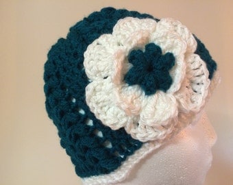 Womens crochet green and white hat with flower