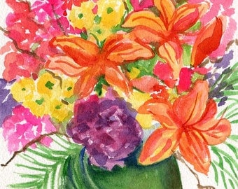 Flowers watercolor painting original, flower artwork 5 x 7 Tropical flowers bouquet Wall Art SharonFosterArt