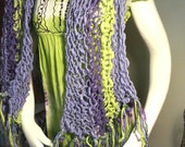 Fairy Garden Hand Spun Hand Knit Boho Shawl or Scarf in Purple, Lavender, Green with Ribbons and Silk Flowers