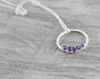 Purple Amethyst Necklace, Sterling Silver Necklace, Wire Wrap Pendant Necklace, Circle Necklace, Light Purple Necklace, February Birthstone