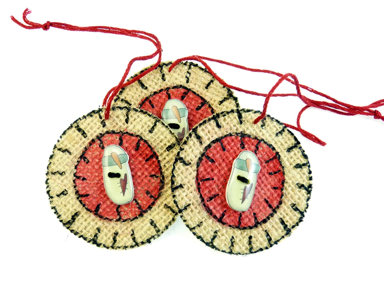 3 Primitive Penny Rug Snowman Ornaments or Decorations. Painted Christmas Burlap Ornament.