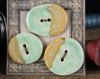 Handmade stoneware ceramic sew on buttons Pale Green and Tan (3)
