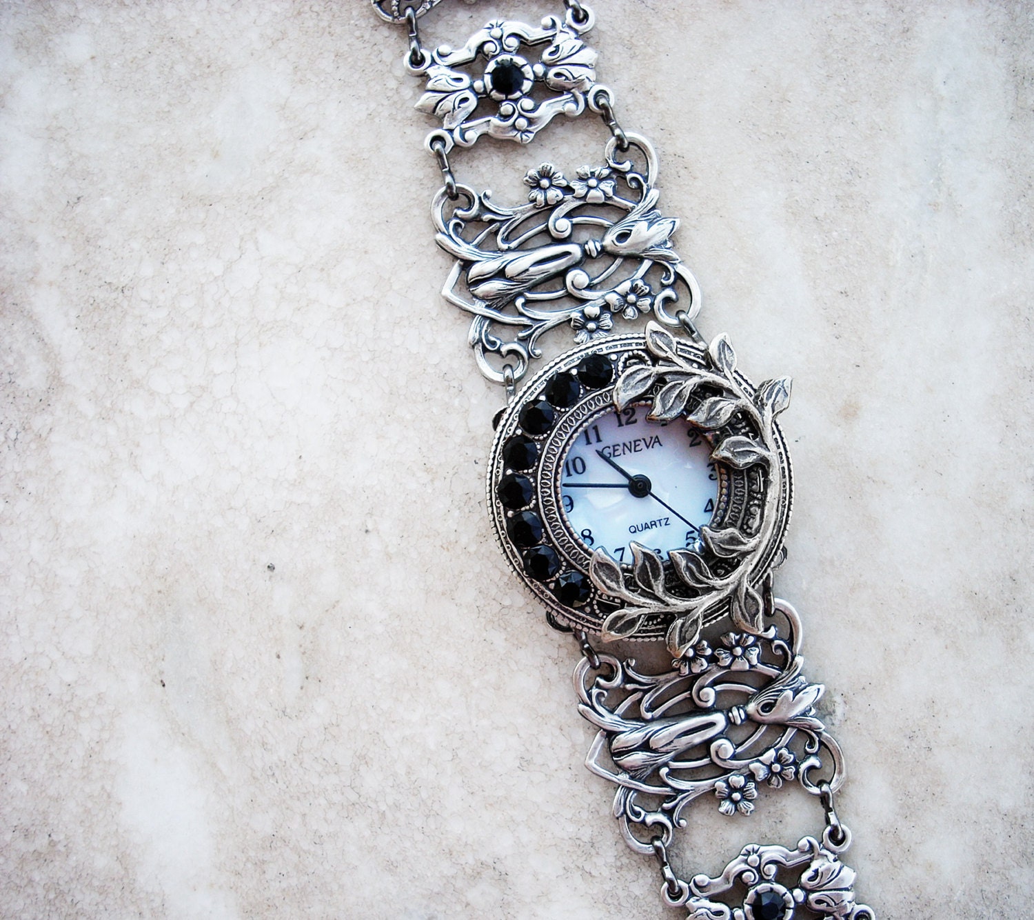 Silver watch bracelet filigree ladies wrist watch bracelet Gothic Black Swarovski Jewelry unique women watches silver floral watch